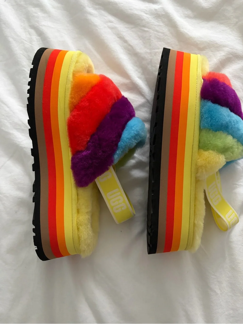 UGG Special Edition Pride Rainbow Disco Striped Platform Slippers Size 11 NEW